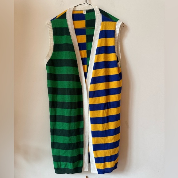 Source Unknown Sweaters - Women’s Knit Green Blue Yellow White Striped Long Sweater Vest Size‎ S